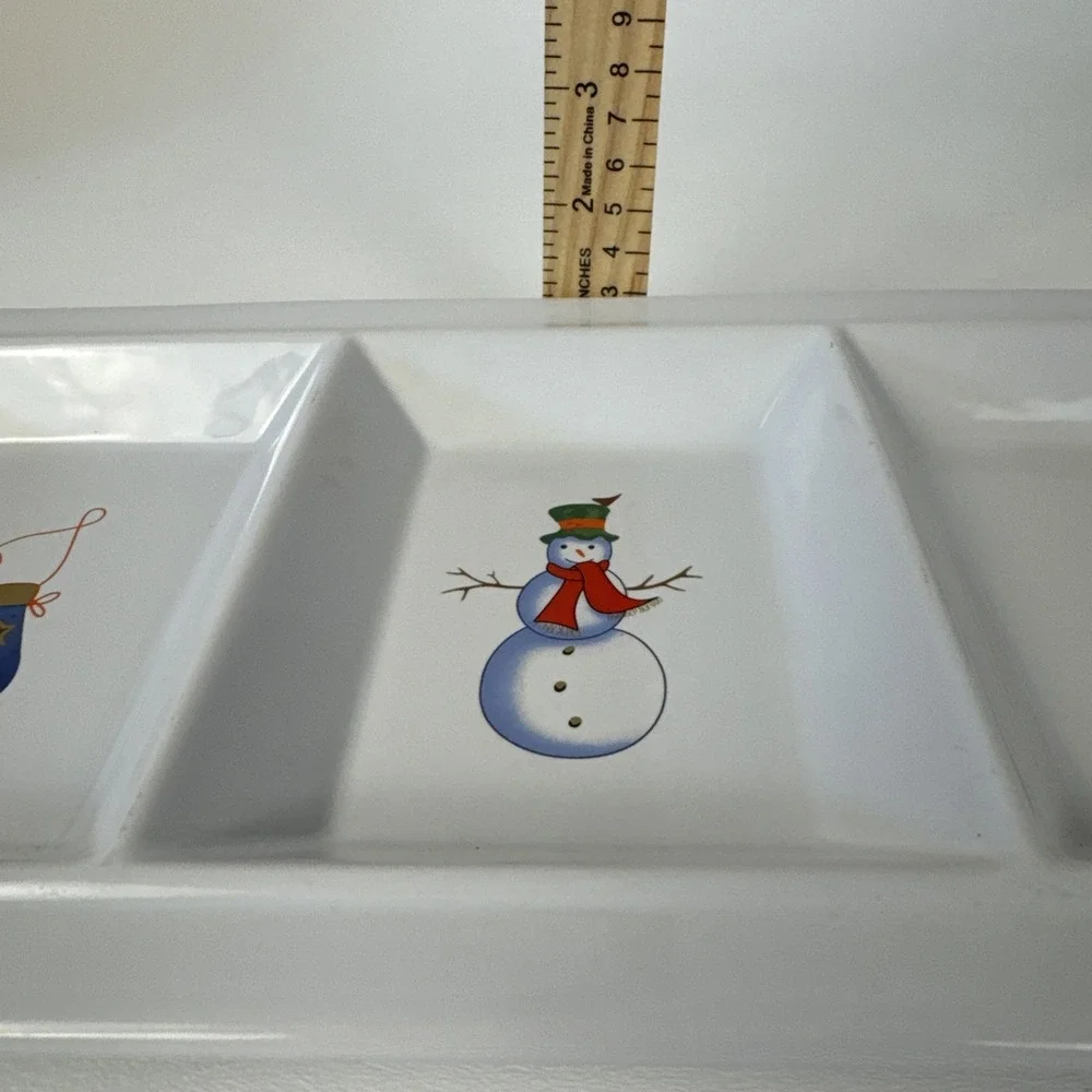 Holiday 3-Section Divided Serving Tray Platter‎ White Snowman Mittens Stocking